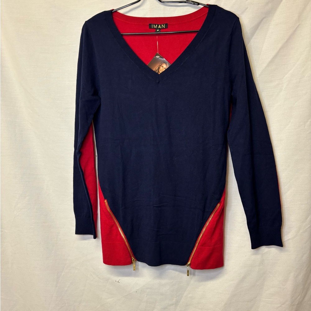 IMAN Red and Navy V-Neck Sweater